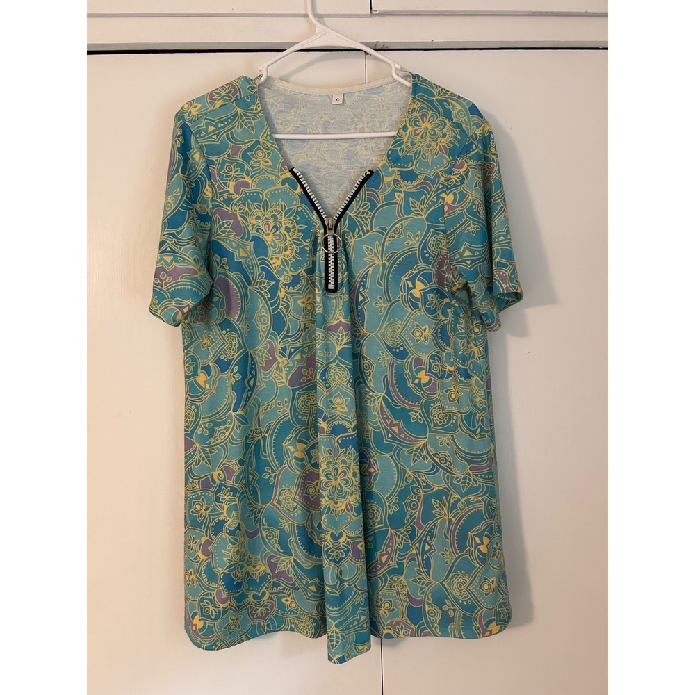 Women Teal Mandala Paisley Print Zip V-Neck Tunic Top Short Sleeve XL